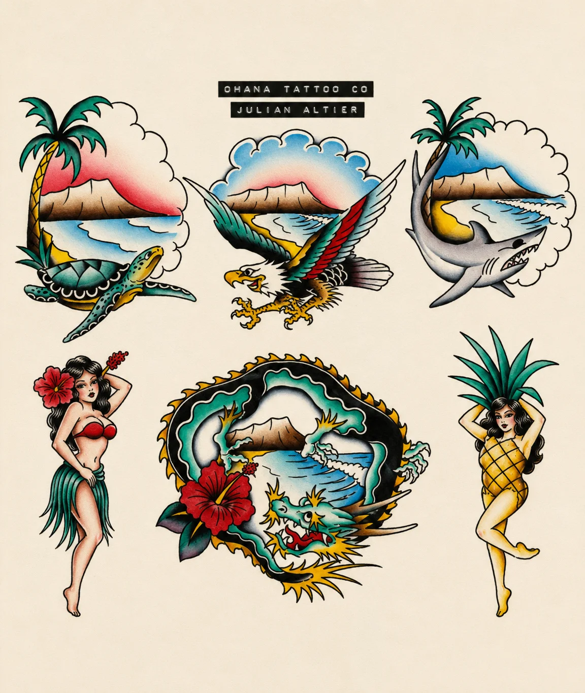 American Traditional flash sheet by Julian Altier at Ohana Tattoo Co — Diamond Head sunset scenes with sea turtle, bald eagle, great white shark, hula pinups in green and pineapple costumes, Japanese dragon with hibiscus. Hand-painted Waikiki flash, Hawaii.