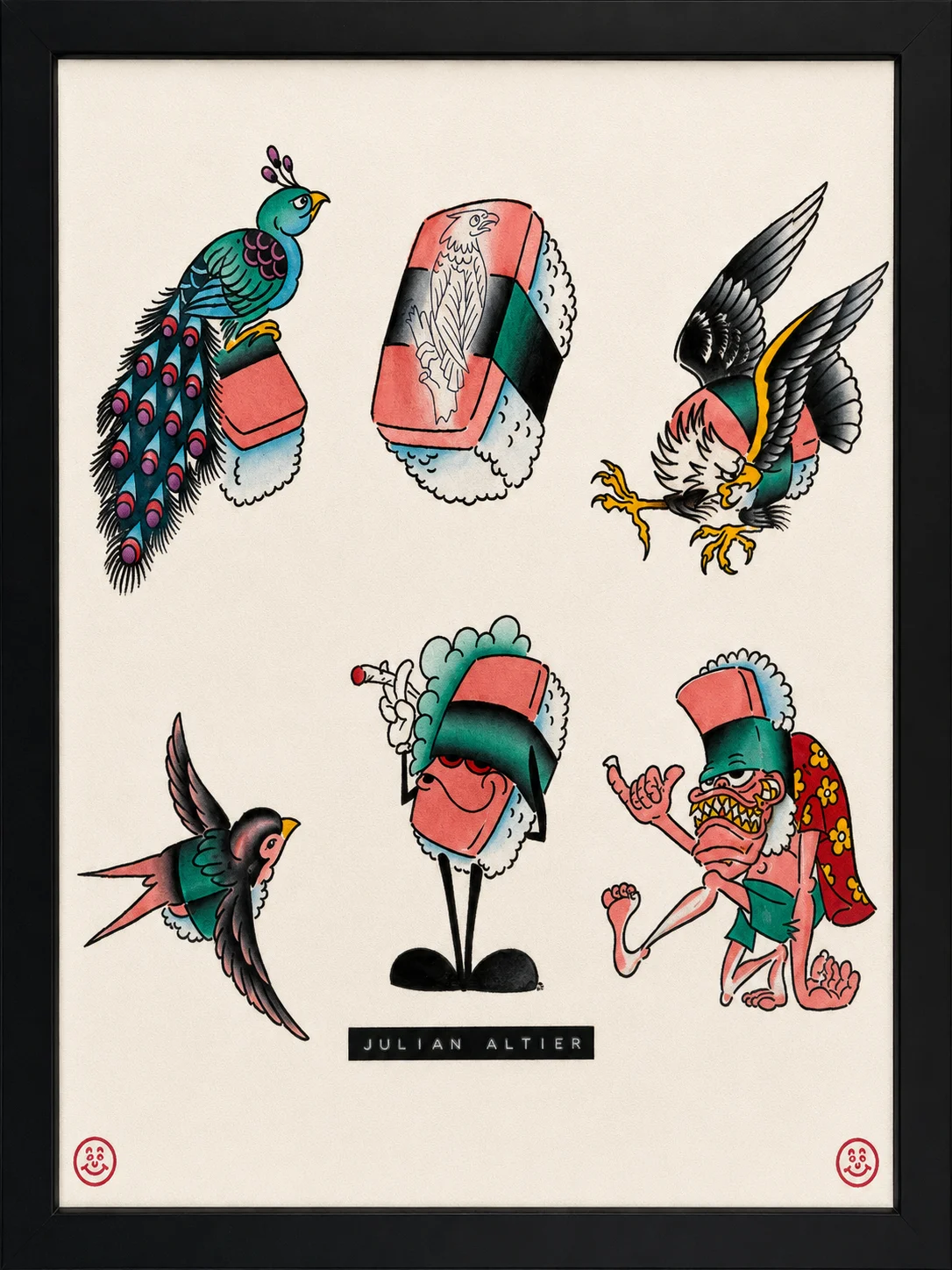 American Traditional flash sheet by Julian Altier — peacock perched on Spam musubi, diving bald eagle on musubi, swallow, smoking sushi character, sushi-headed island troll. Framed black-and-color hand-painted flash at Ohana Tattoo Waikiki, Hawaii.