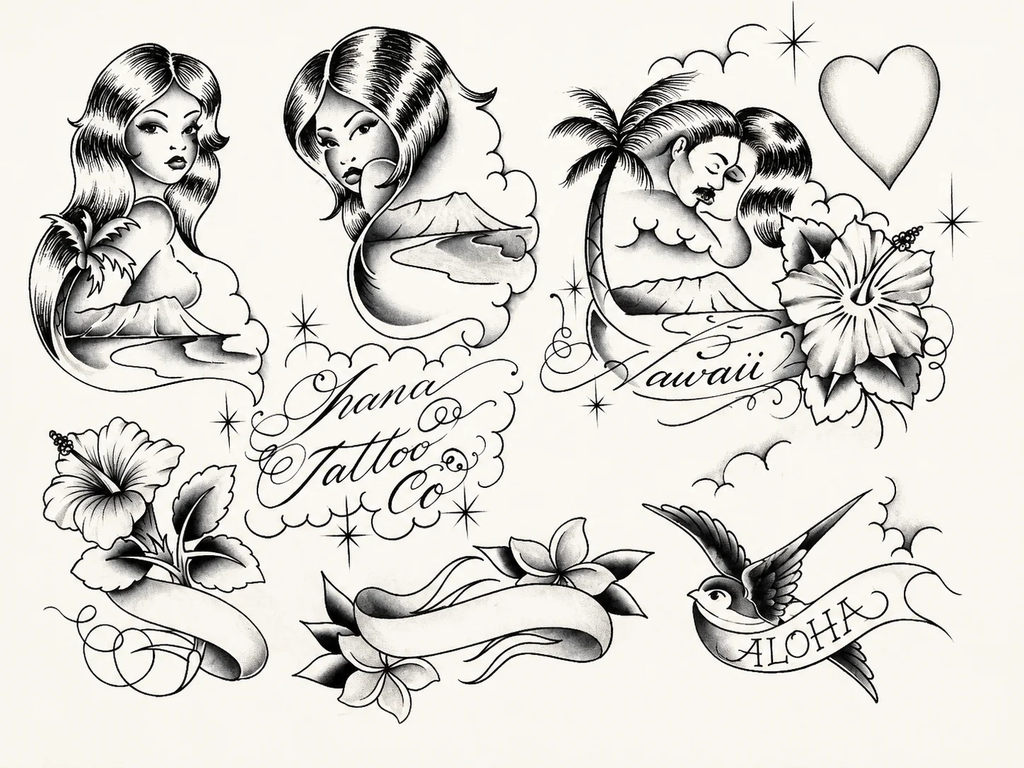 Black and grey flash sheet by Julian Altier at Ohana Tattoo Co — three Hawaiian pinup portraits with Diamond Head, swallow with Aloha banner, hibiscus blooms with ribbon, plumeria detail. Hand-painted greyscale flash at Ohana Tattoo Waikiki, Hawaii.