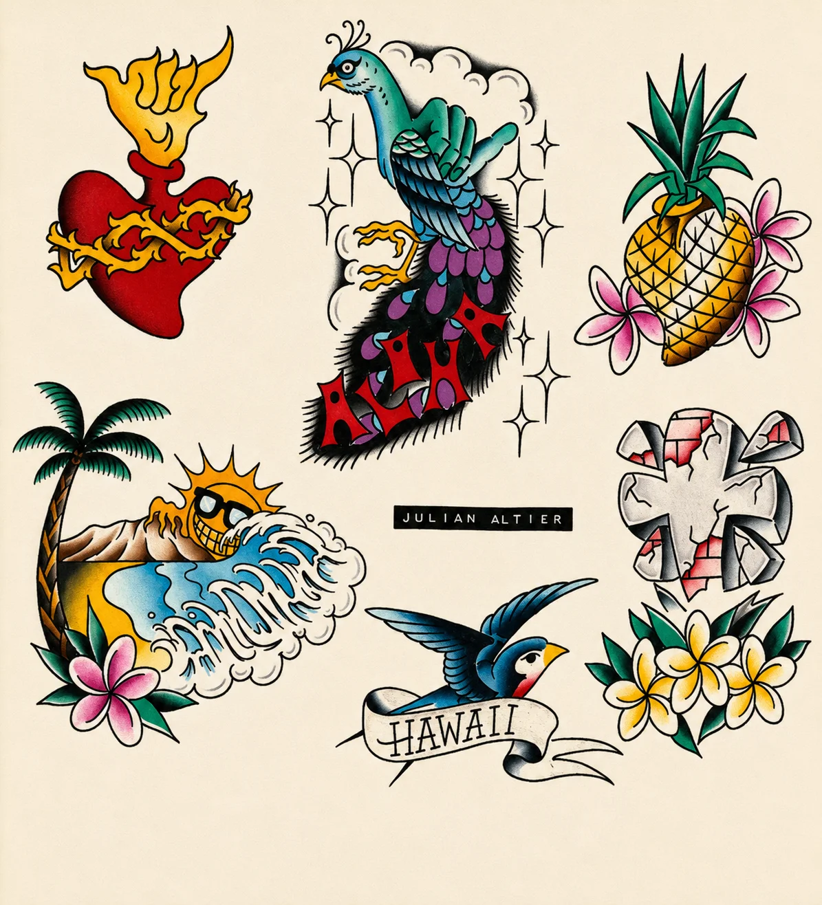 Hand-painted Traditional flash by Julian Altier — flaming sacred heart, ALOHA-banner peacock, pink pineapple with plumeria, sunglasses wave at sunset, shaka-clutching swallow with Hawaii banner, abstract heart shrapnel. Color flash at Ohana Tattoo Waikiki, Hawaii.