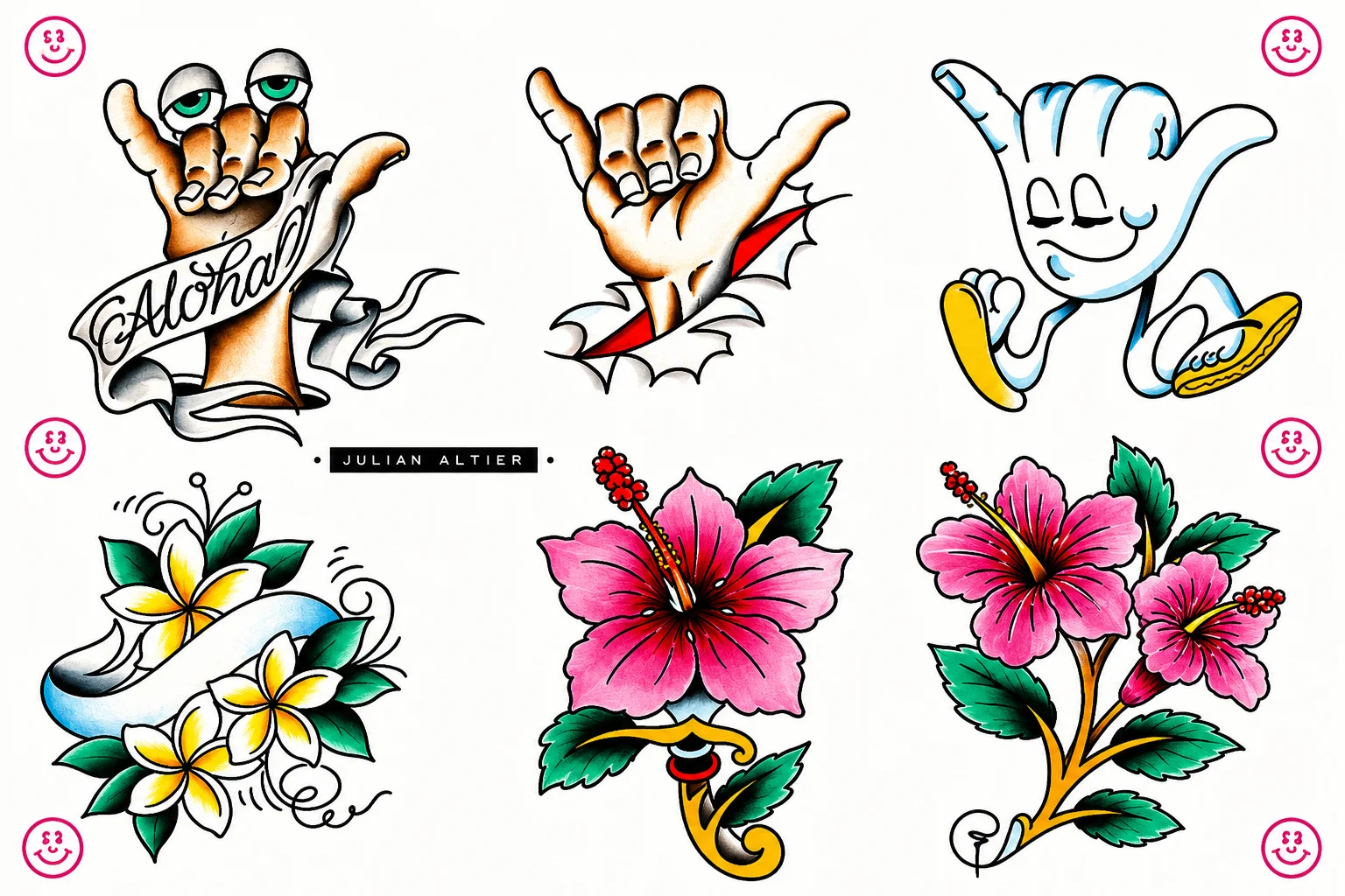 Hand-painted Traditional flash by Julian Altier — three shaka hand variations (Aloha banner, breaking through, cartoon walking shaka), plumeria with ribbon, pink hibiscus blooms with daggers. Walk-in flash at Ohana Tattoo Waikiki, Hawaii.