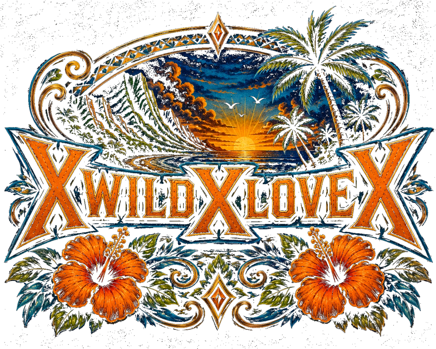 XwildXloveX logo — Julian Altier · sunset wordmark with palms, hibiscus, Hawaiian shore · Ohana Tattoo Waikiki